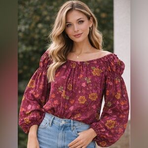 Free People Floral Blouse - Burgundy and Yellow